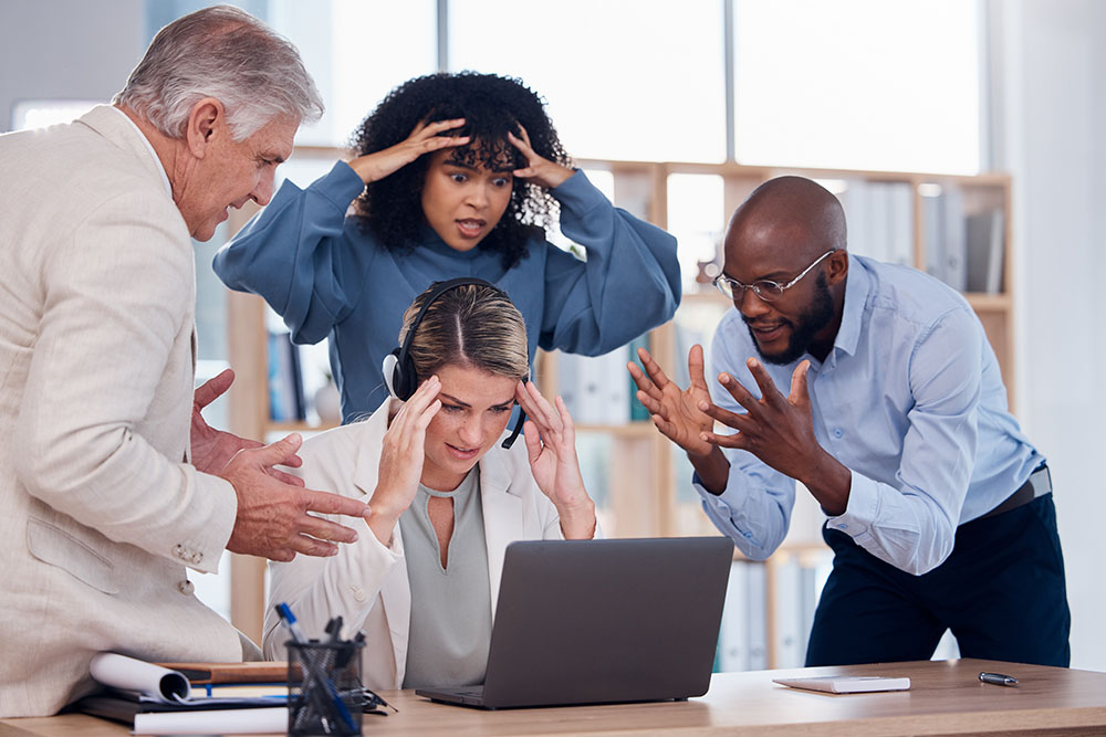 Stress, frustration and people at a call center with a problem in communication